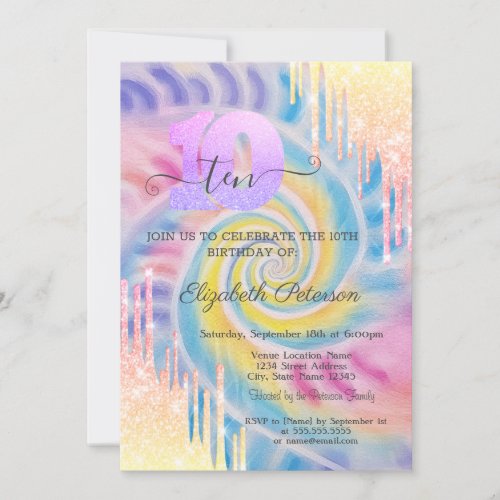 Ombre Glitter Drips Tie Dye 10th Birthday  Invitation