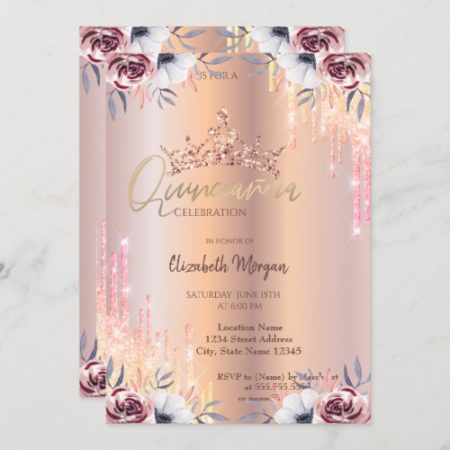  Ombre Glitter Drop Tiara Floral Quinceaera  Invitation