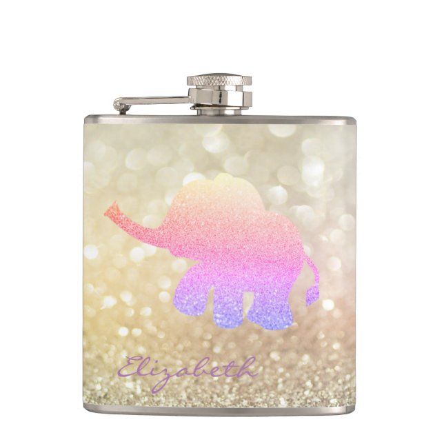 Ombre Glitter Elephant, Bokeh - Personalized Flask (Front)
