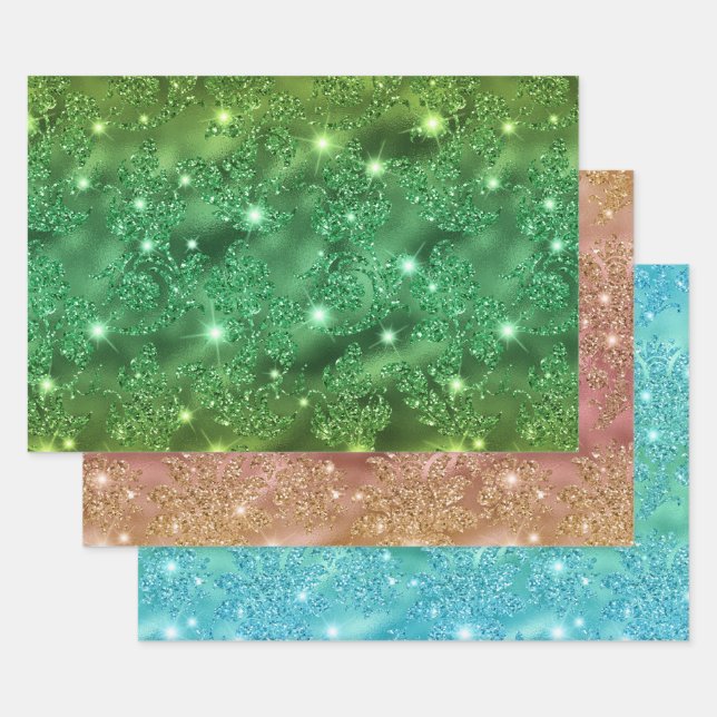 Ombre Glitter Floral Patterns with Sparkles Wrapping Paper Sheets (Set)