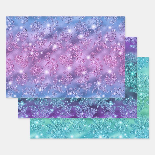 Ombre Glitter Floral Patterns with Sparkles Wrapping Paper Sheets (Set)