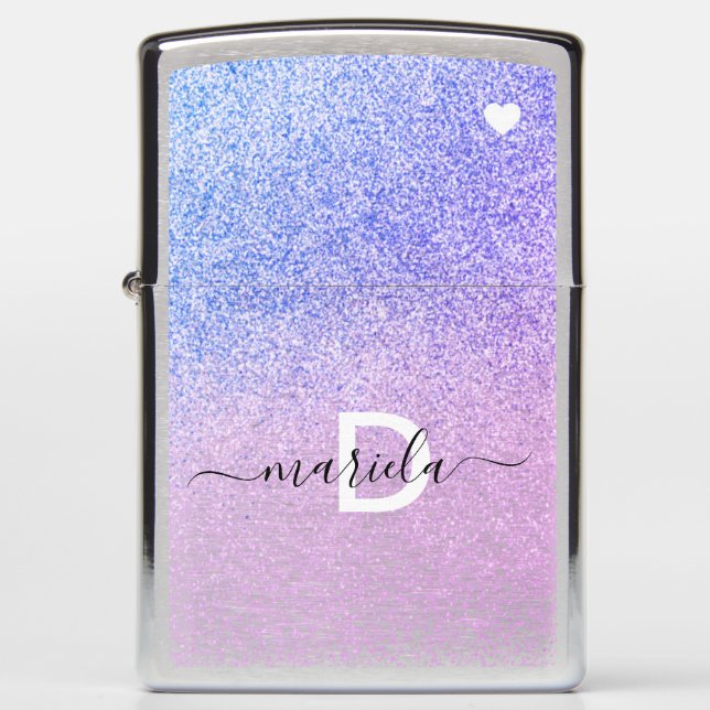 Ombre Glitter Monogram Heart Purple Zippo Lighter (Front)
