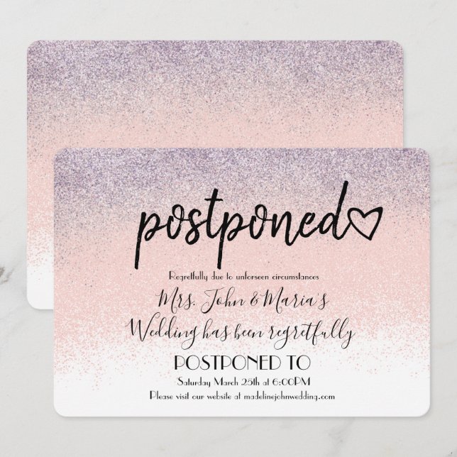 Ombre Glitter New Date Postponement  Wedding Invitation (Front/Back)