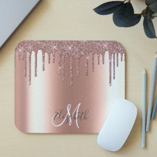 Ombre Glitter Rose Gold Drip Personalized Monogram Mouse Pad