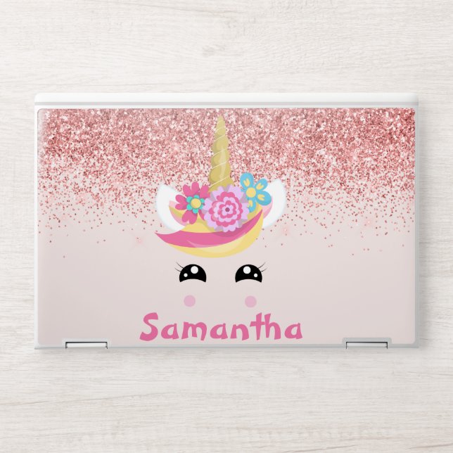 Ombre Glitter Unicorn Face Pink Personalized HP Laptop Skin (Front)