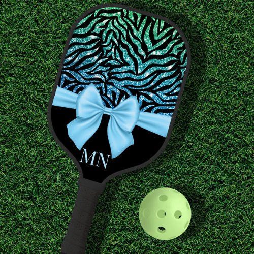 Ombre Glitter Zebra Blue Bow Monogrammed Pickleball Paddle