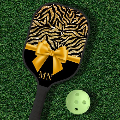 Ombre Glitter Zebra Gold Bow Monogrammed Pickleball Paddle