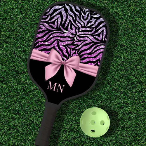 Ombre Glitter Zebra Pink Bow Monogrammed Pickleball Paddle