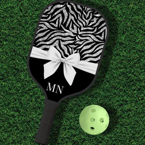 Ombre Glitter Zebra White Bow Monogrammed Pickleball Paddle