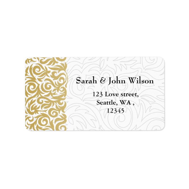 ombre gold and Black Swirling Border Wedding Label (Front)