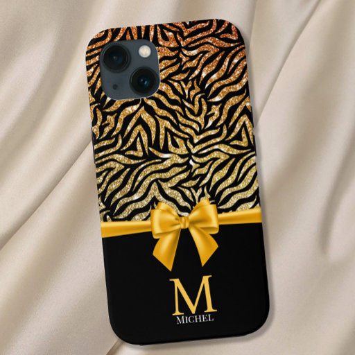 Ombre Gold Glitter Zebra Stripes Bow Monogram iPhone 12 Pro Max Case