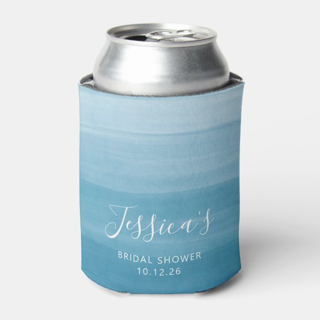 Ombre Gradient Dip Dye Ocean Blue Bridal Shower Can Cooler (Can Front)