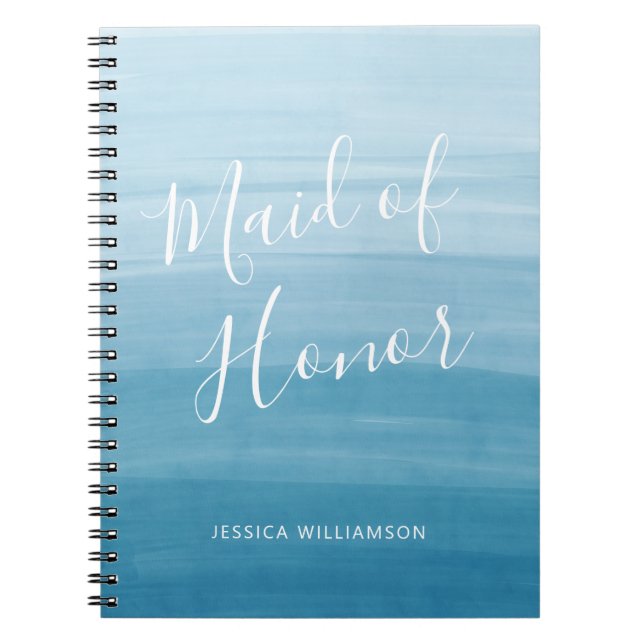 Ombre Gradient Dip Dye Ocean Blue Maid of Honor Notebook (Front)