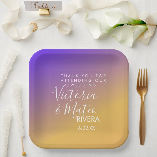 Ombre Gradient Purple Yellow Sunset Wedding     Paper Plates (Wedding)