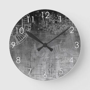 Ombre Gray to Black circuit board nerd geek Round Clock