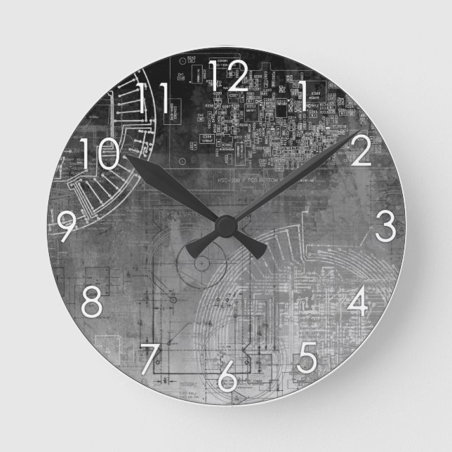 Ombre Gray to Black circuit board nerd geek Round Clock (Front)