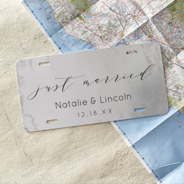 Ombre Gray White Frosted Foil Wedding Just Married License Plate (In Situ)
