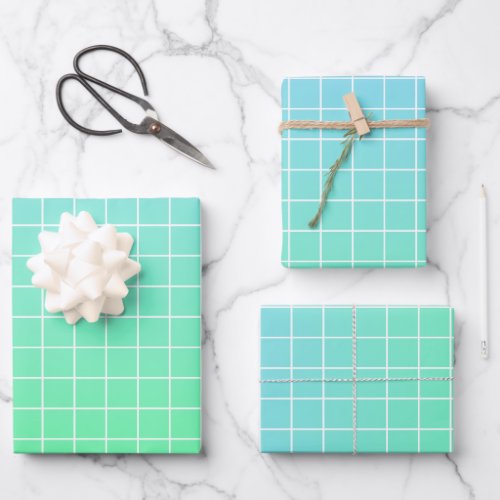 Ombre Green Teal Blue Grid Pattern Wrapping Paper Sheets