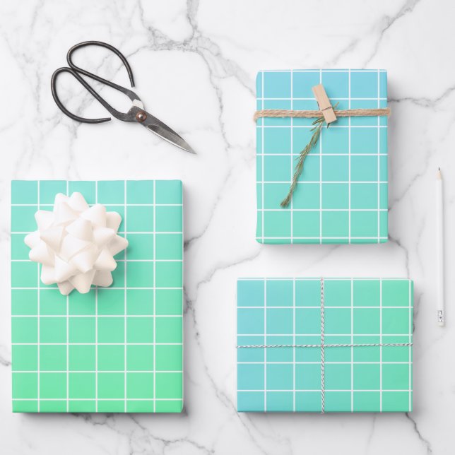 Ombre Green Teal Blue Grid Pattern Wrapping Paper Sheets (Front)