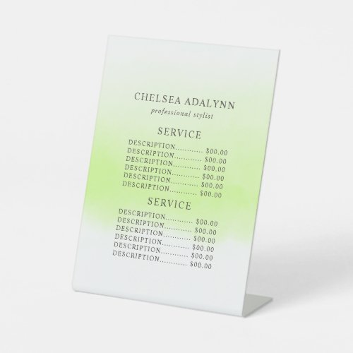 Custom Price Menus 4 Ombre Green Watercolor Minimalist Service Price Pedestal Sign