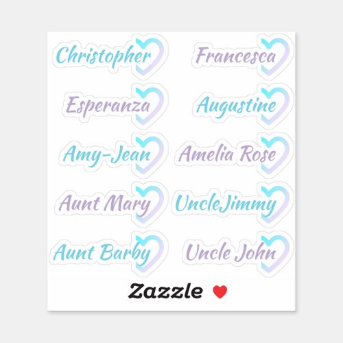 Ombre Guest List 10 Names Calligraphy Half Heart Sticker