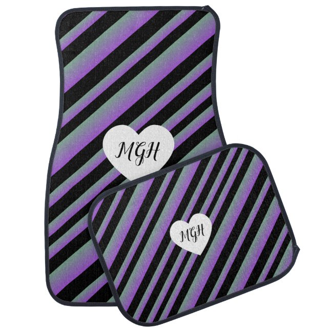 Ombre Heart Purple Stripes Monogrammed Name Car Floor Mat (Set)