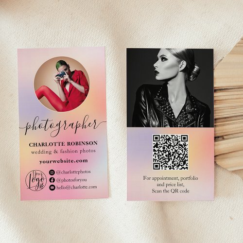 Ombre Holographic photo qr code logo photographer Business Card