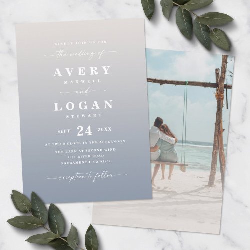 Ombre Ivory  Blue Wedding Invitation with Photo