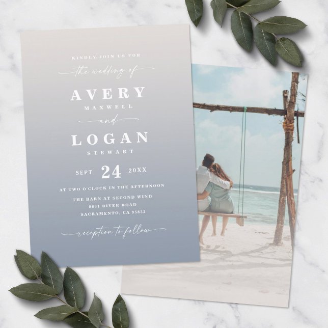 Ombre Ivory & Blue Wedding Invitation with Photo (Creator Uploaded)