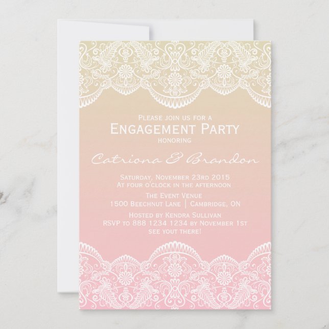 Ombre Lace Pattern Sunset Engagement Invitation (Front)
