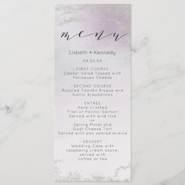 Ombre Lavender Purple Silver Foil Frosted Dinner Menu (Front)