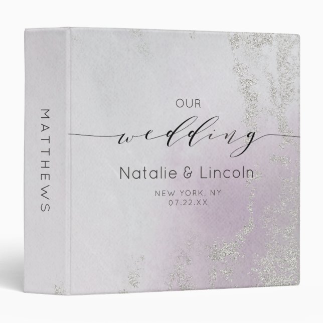 Ombre Lavender Purple Silver Wedding Photo Album 3 Ring Binder (Front/Spine)