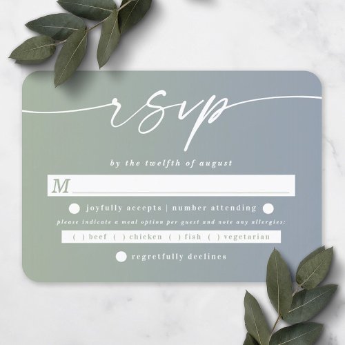 Ombre Leaf Green  Dusty Blue Wedding Meal Choice RSVP Card