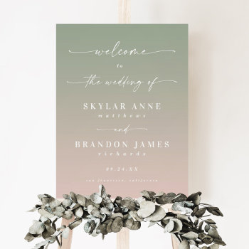 Ombre Leaf Green & Light Pink Wedding Welcome Sign by GraphicBrat at Zazzle