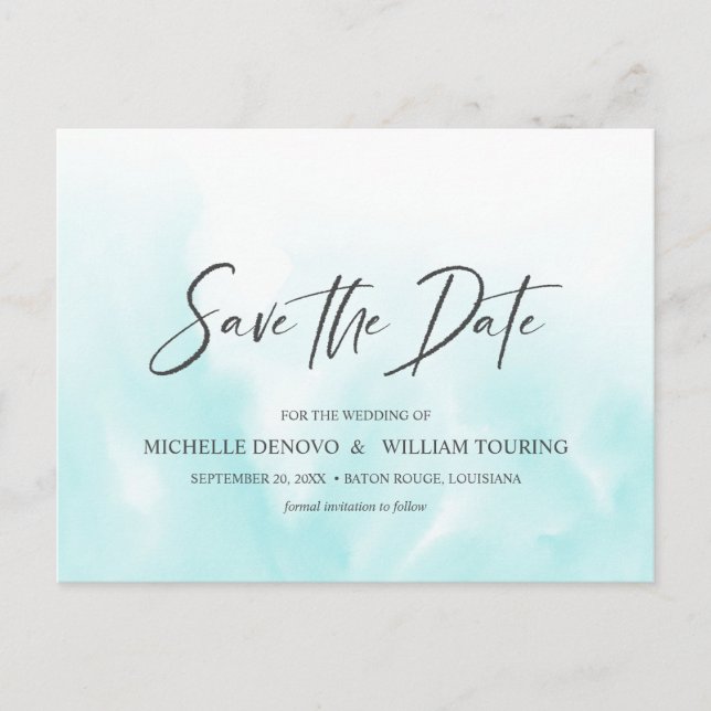 Ombre Light Blue Elegant Handwritten WEDDING Announcement Postcard (Front)