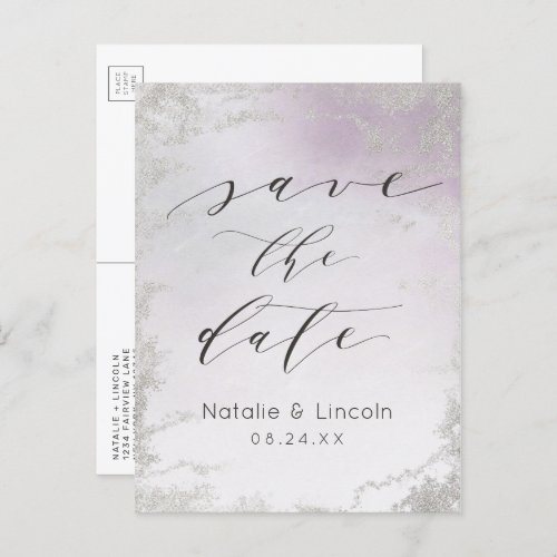 Ombre Light Purple Frosted Silver Save the Date Announcement Postcard