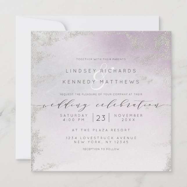 Ombre Light Purple Silver Foil Chic Wedding Square Invitation (Front)