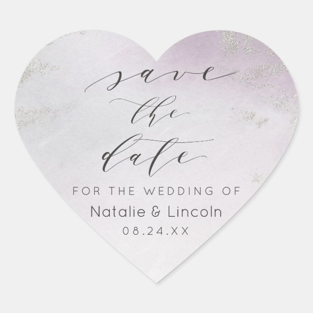 Ombre Light Purple Silver Foil Frost Save the Date Heart Sticker (Front)