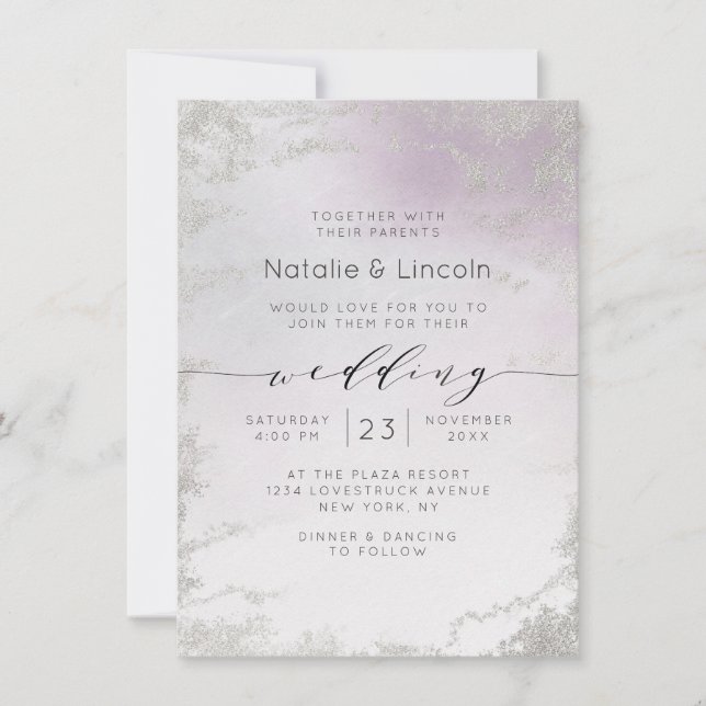 Ombre Light Purple Silver Foil Luxe Script Wedding Invitation (Front)