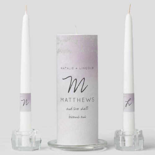 Ombre Light Purple Silver Foil Wedding Monogram Unity Candle Set