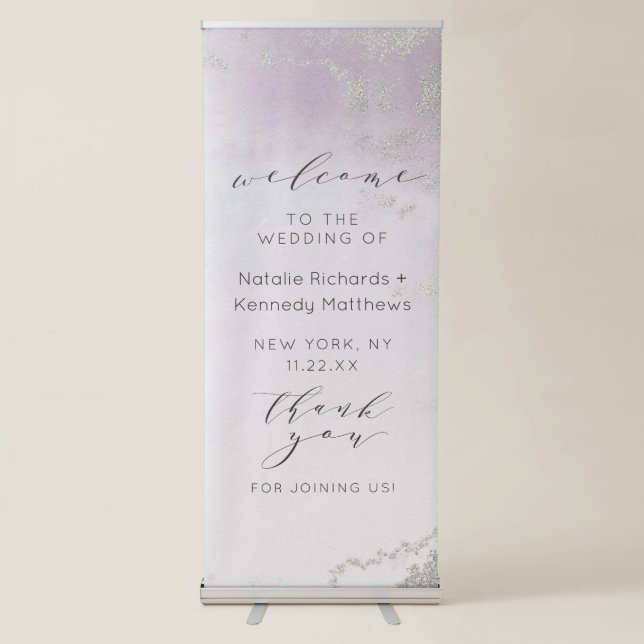 Ombre Light Purple Silver Foil Wedding Welcome Retractable Banner (Front)
