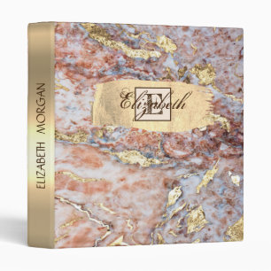 Ombre Marble,Gold Brush Stroke, Monogram 3 Ring Binder