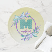 Ombre Mermaid Scales Monogram | Watercolor Floral Cake Stand