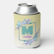 Ombre Mermaid Scales Monogram | Watercolor Floral Can Cooler
