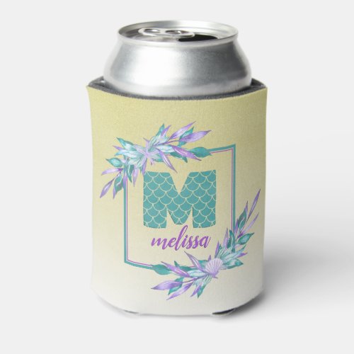 Ombre Mermaid Scales Monogram  Watercolor Floral Can Cooler