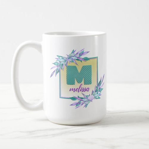 Ombre Mermaid Scales Monogram  Watercolor Floral Coffee Mug