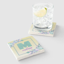 Ombre Mermaid Scales Monogram | Watercolor Floral Stone Coaster