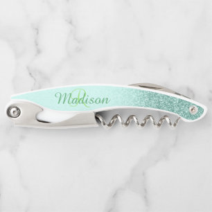 Ombre Mint Green Fading Stylish Monogram Glitter Waiter's Corkscrew