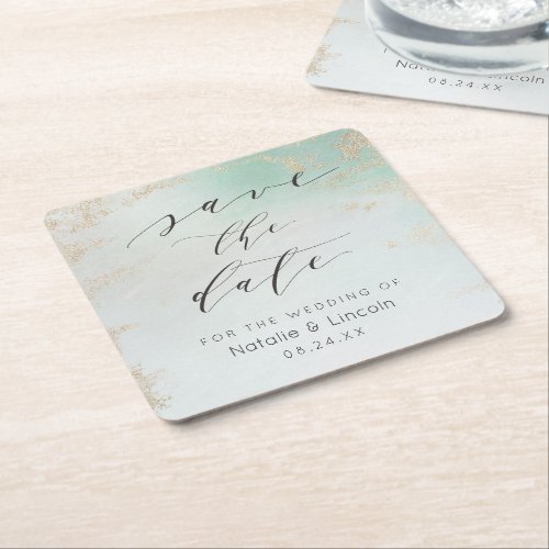 Ombre Mint Green Frosted Gold Foil Chic Wedding Square Paper Coaster