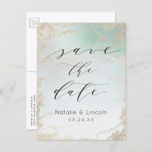 Ombre Mint Green Frosted Gold Foil Save the Date Announcement Postcard